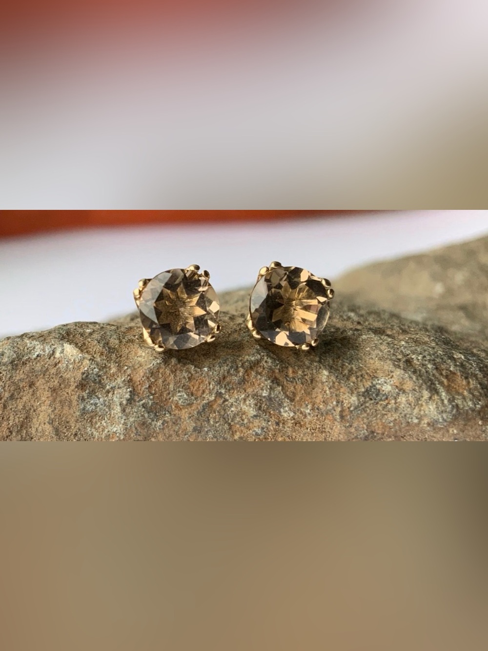 Unisex Smoky Quartz 14K Yellow Gold Stud Earrings - Brown Gemstone